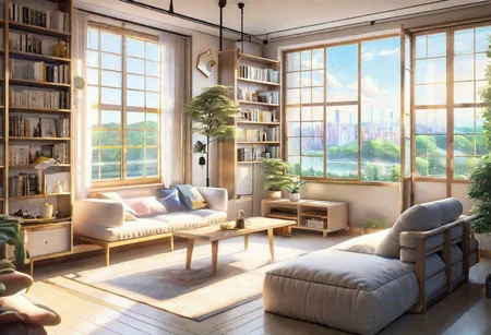 anime-style, modern-style interior, with white walls and large windows, Nordic-style furniture, a  study, Sofa, coffee table, bookcase, single wall, 
warm light morning sun, the view of the city
