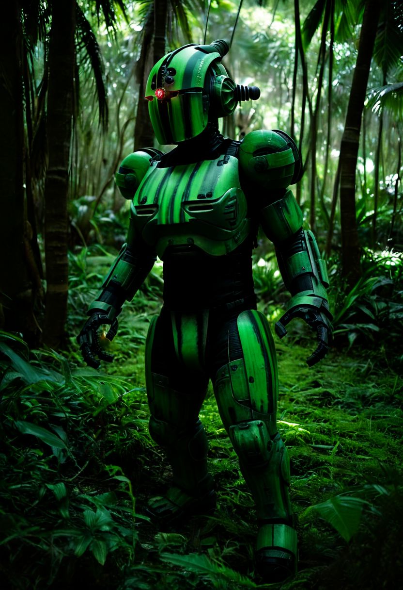 easynegative, extremely detailed, dark, chiaroscuro, low-key, AssaultronCosplay, zavy-strps, a green assaultron robot, the assaultron has black tiger stripes painted on it, tiger stripes, in the jungles of vietnam