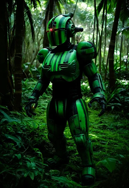 easynegative, extremely detailed, dark, chiaroscuro, low-key, AssaultronCosplay, zavy-strps, a green assaultron robot, the assaultron has black tiger stripes painted on it, tiger stripes, in the jungles of vietnam