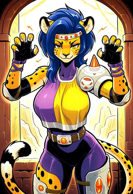 masterpiece, best quality, amazing quality, very aesthetic, absurdres, newest, curtisffl3, 1girl, anthro, cheetah, cheetah ears, cheetah tail, spotted fur, body fur, paws, claws, (large breasts:1.3), blue hair, jeweled headband, single pauldron, loose shirt, yellow shirt, elbow pads, gray fingerless gloves, purple bracelets, sleeveless purple bodysuit, belt, thigh armor, claw pose,