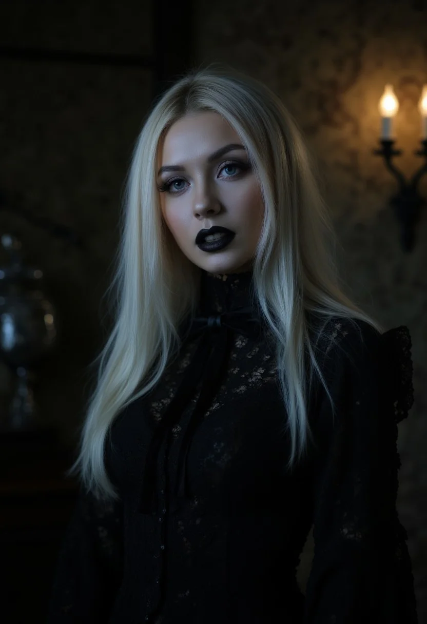 Magic style, FFS style face,
Close-up portrait, A hauntingly beautiful goth girl stands in a dimly lit room, her platinum blonde hair cascading like silver silk to her waist, a stark contrast to her dark outfit. Her skin is pale, with a porcelain hue that almost glows under the soft, cool light. She wears a black lace Victorian-style dress with intricate detailing, a high collar, and velvet ribbons. Dark smoky makeup highlights her deep, sad eyes, and her black lipstick adds a ghostly allure. The background is a mix of deep shadows and subtle gothic architecture with twisted iron sconces and faded wallpaper. The lighting is high-contrast, casting elongated shadows that outline her delicate features, enhancing the dark, mysterious atmosphere.
Stylization: Fantasy, realism
Color palette: Warm colors, soft light
Lighting: Soft natural lighting, slight light effect from the sun
Detail: High, focus on the texture of the armor and hair