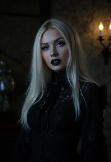Magic style, FFS style face,
Close-up portrait, A hauntingly beautiful goth girl stands in a dimly lit room, her platinum blonde hair cascading like silver silk to her waist, a stark contrast to her dark outfit. Her skin is pale, with a porcelain hue that almost glows under the soft, cool light. She wears a black lace Victorian-style dress with intricate detailing, a high collar, and velvet ribbons. Dark smoky makeup highlights her deep, sad eyes, and her black lipstick adds a ghostly allure. The background is a mix of deep shadows and subtle gothic architecture with twisted iron sconces and faded wallpaper. The lighting is high-contrast, casting elongated shadows that outline her delicate features, enhancing the dark, mysterious atmosphere.
Stylization: Fantasy, realism
Color palette: Warm colors, soft light
Lighting: Soft natural lighting, slight light effect from the sun
Detail: High, focus on the texture of the armor and hair