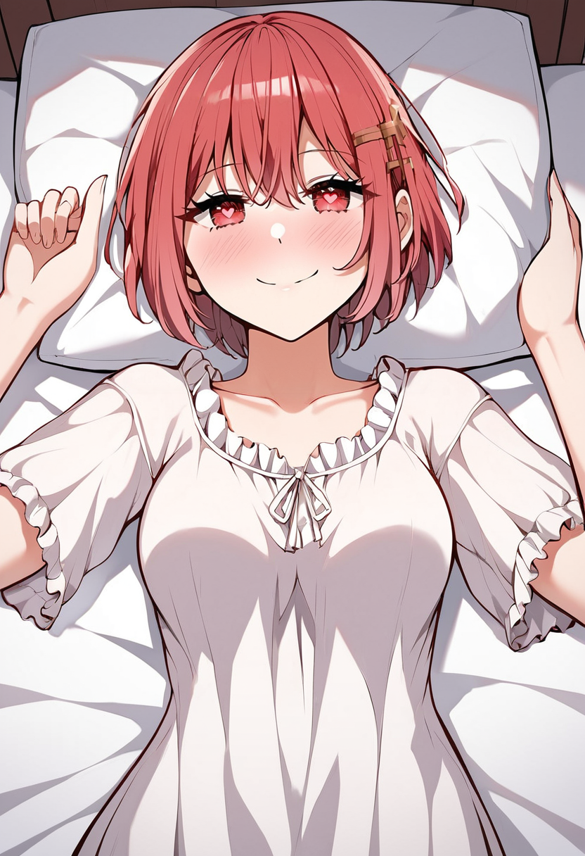 elsa_dorothy, red hair, short hair, red eyes, medium breasts, hair clip, nightgown BREAK indoors, medieval bedroom, bed BREAK from above, cowboy shot, lying on bed, lewd pose, pov, blush, timid smile, closed mouth, heart shapped pupils, yuri,   BREAK score_9, score_8_up, score_7_up, source_anime ,zPDXL, perfect hand , <lora:Elsa_Dorothy:0.8>