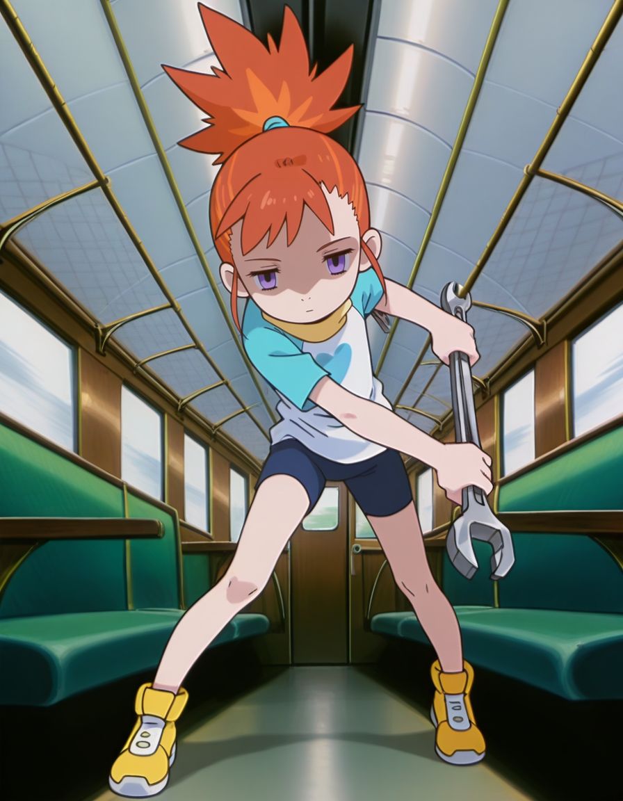 masterpiece, best quality, incoming attack, holding a single long wrench, solo, inside a train background, full body, 
, skinny, shaded face, empty eyes, expressionless, 
<lora:Mind_Controlled_Rika:1>, rik0, 1girl, orange hair, high ponytail, female child, purple eyes, white heart t-shirt, blue t-shirt, yellow turtleneck,