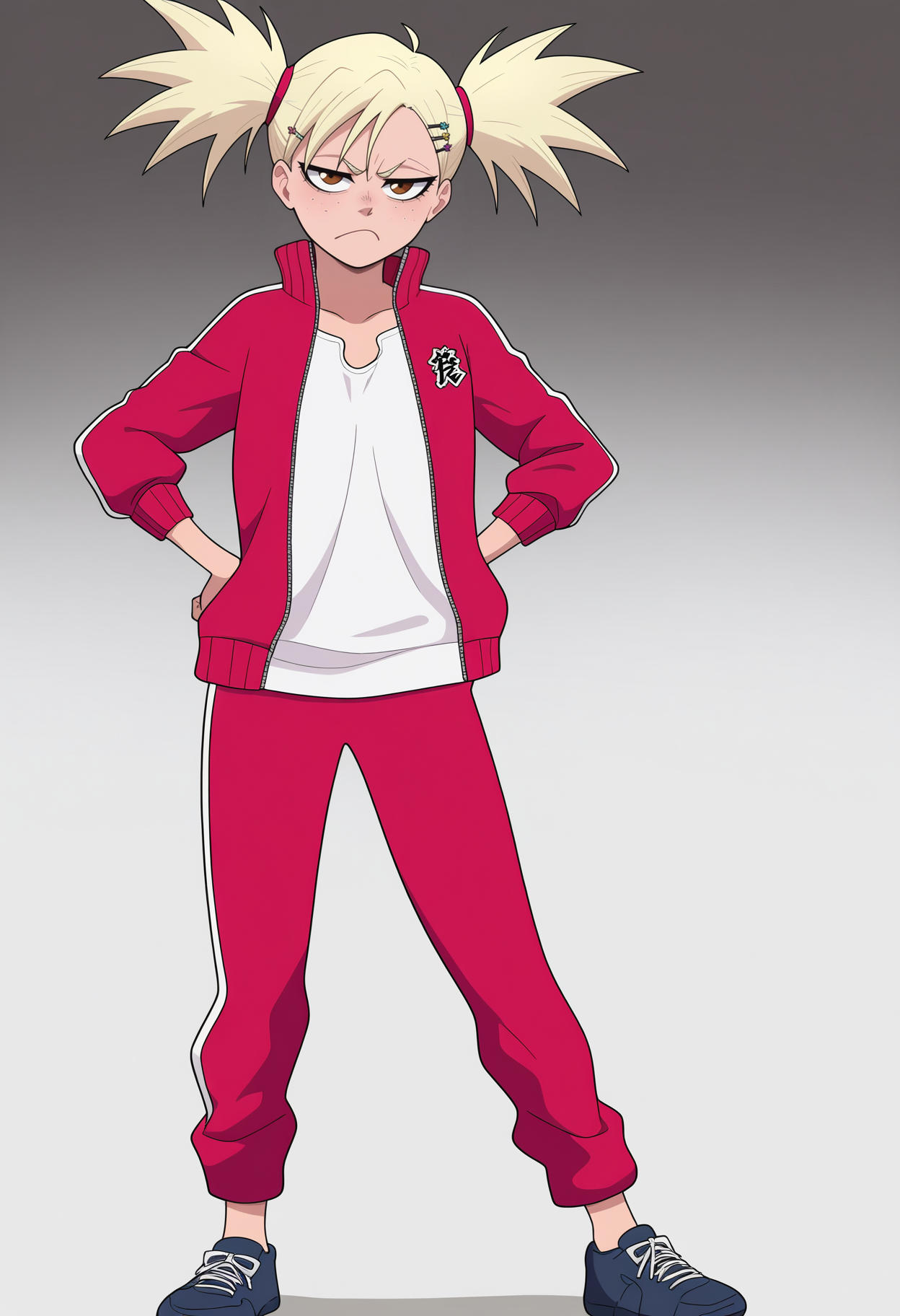 best quality, amazing quality, very aesthetic, absurdres,
BREAK
1girl, sarugaki hiyori, blonde hair, short twintails, brown eyes, freckles, hairclip,
frown,
red track jacket, red track pants, track suit,
full body, hands on hips, standing,
smile, looking at viewer, solo, simple background, white background, <lora:HiyoriSarugakiNoobXL_byKonan:1>
