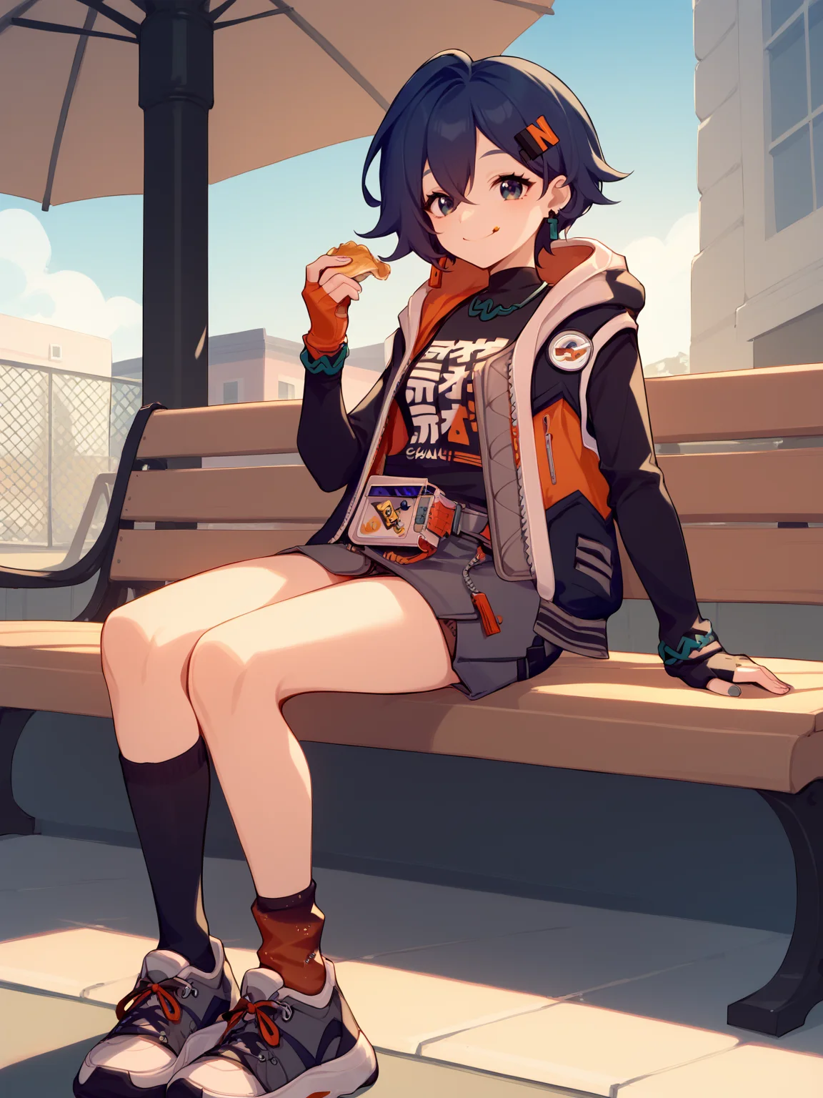 score_9, score_8_up, score_7_up, BREAK, BelleZZZ, short blue hair, orange hairpin, black T-shirt, green pendant, unbuttoned jacket, audio player on belt, one fingerless glove, gray skirt, one black stocking, one sock, sneakers, sitting on a bench, eating chips, happy smile, <lora:BelleZZZ:1>