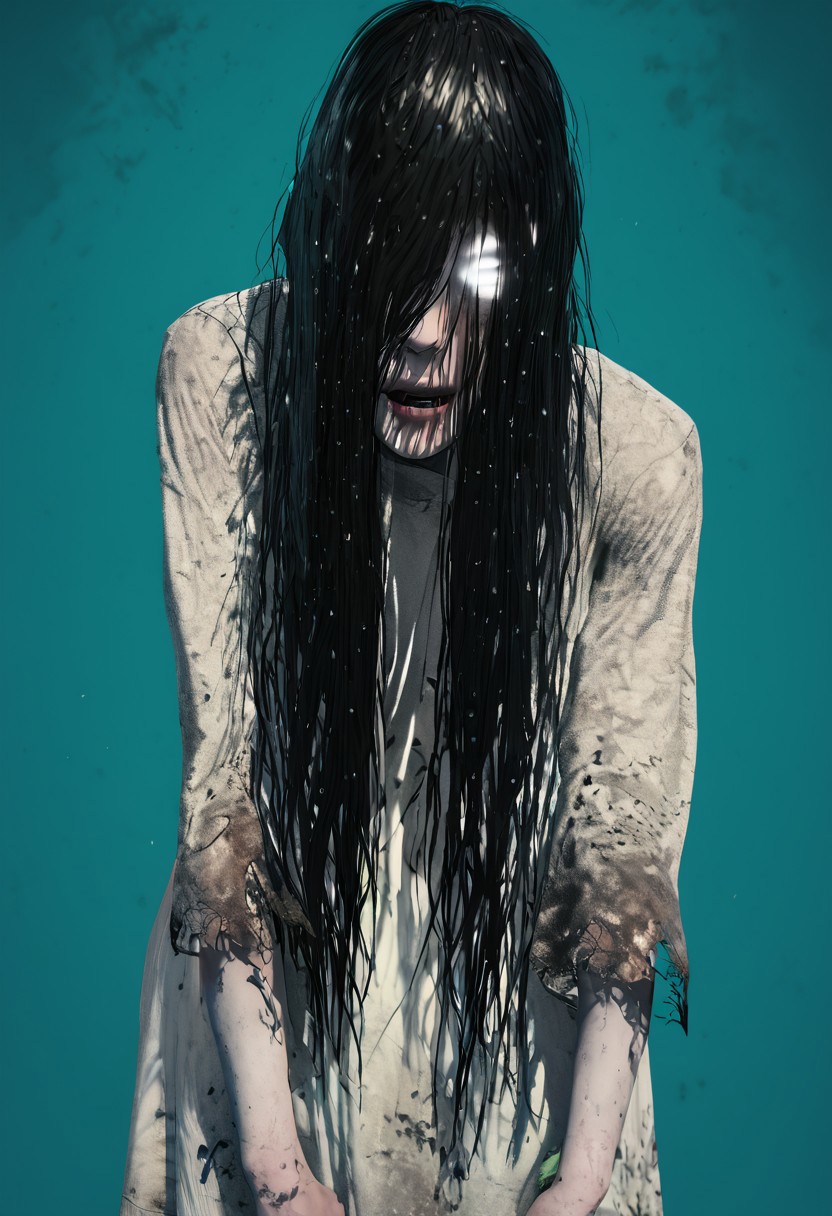 ((Rating_sfw)) , score_9, score_8_up, score_7_up, score_6_up, score_5_up, score_4_up,
best quality, highly detailed, intricate details, extremely detailed,
...
theonryoxl,long black hair,pale skin,white eyes,evil smile,very long hair,hair over one eyes,hair between eyes, dirty white dress with sleeves,skin tight, see-through shirt, sagging breasts,,wet clothes, dirt, <lora:TheOnryoS:0.9>,((convenient_sensoring)) 
...
(looking at viewer), thick lips, parted lips, screaming in agony,, sad expression, (full body),broken ,
...
abstract background,((night)) ,((old well))