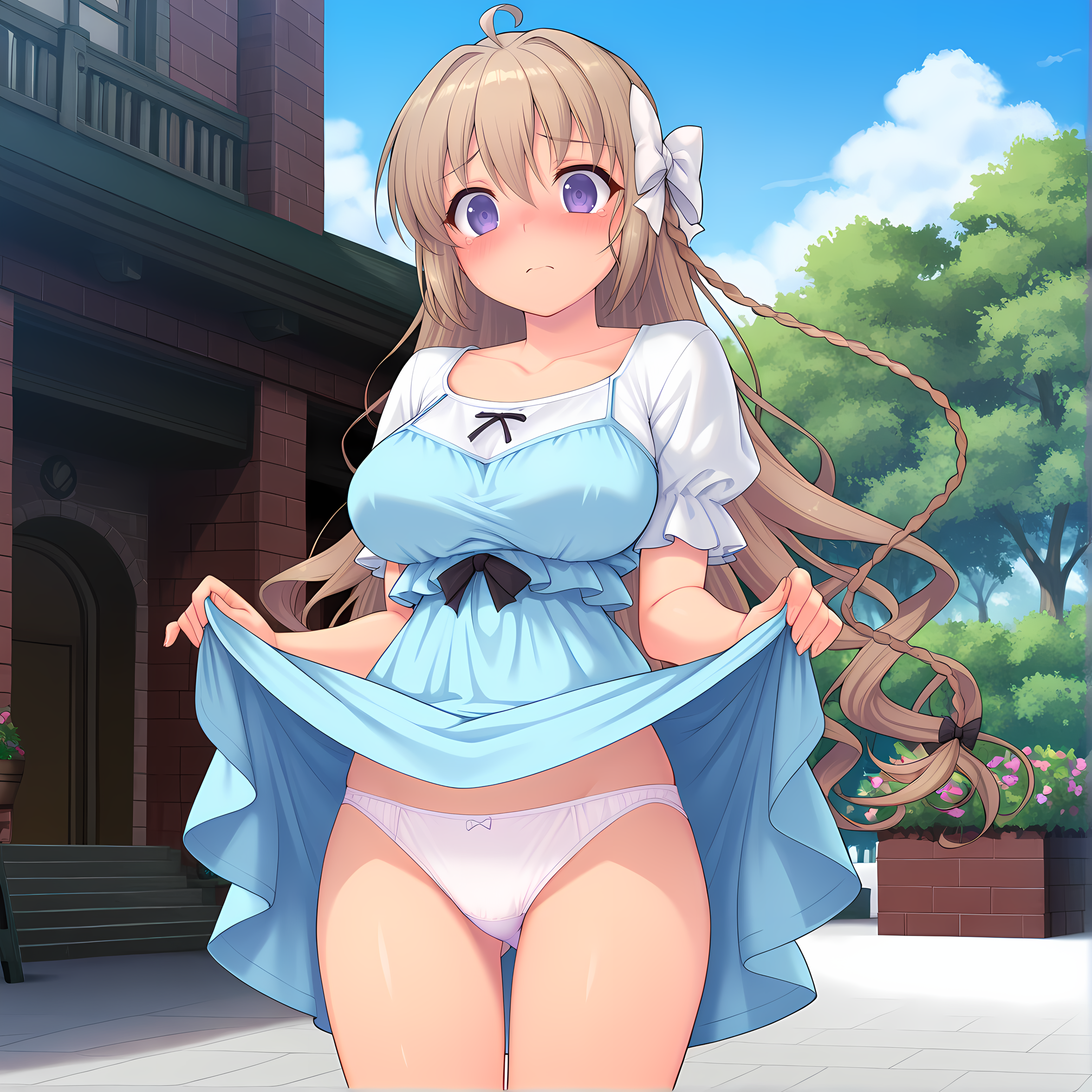 <lora:Tierna:0.9>,tierna,solo,long hair,breasts,purple eyes,large breasts,blush,brown hair,braid,hair bow,casual outfit,blush,aroused,outdoors,looking at viewer,dress lift,white panties,, masterpiece,best quality,amazing quality, very aesthetic, absurdres,detailed eyes,ultra-detailed,