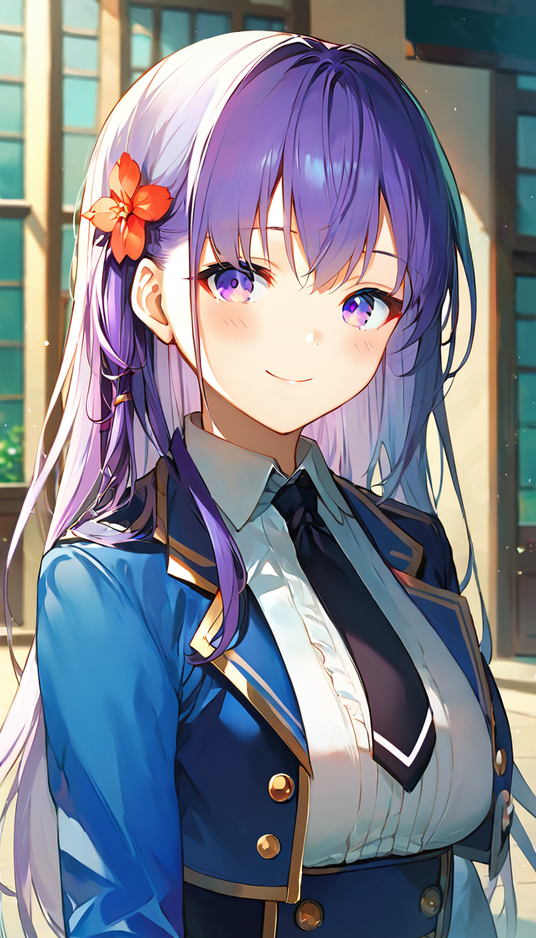 score_9,score_8_up,score_7_up,score_6_up BREAK official art,solo,outdoors,cowboy shot,upper body,(portrait:1.5),looking at viewer,facing viewer,smile,blush,Elfine Phillet,long hair,purple hair,side braid,hair ornament,hair flower,sidelocks,bangs,purple eyes,blue jacket,cropped jacket,open jacket,wing collar,black necktie,white shirt,collared shirt,dress shirt,long sleeves,medium breasts,double-breasted,white belt,blue skirt,high-waist skirt,pleated skirt,frilled skirt,brown pantyhose,loafers,black footwear,<lora:Elfine Phillet(sgmt)-Pony:1.4>,