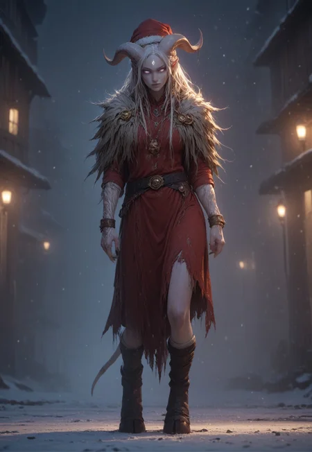 (absurdres, best quality, masterpiece:1.4), score_9, score_8_up, score_7_up, score_6_up, detailed, detailed body, detailed face, world of warcraft, fantasy, <lora:add-detail-xl:1.5>, 

fFaceDetail, ((female, draenei, tall, athletic arms, pale white skin, long white hair, purple eyes, no sclera, long white tail), (h0rns, ram horns, white horns), 
(long fingers, gold fingernails, gold nail polish)), 

alone, upper body, standing, looking toward viewer, soft smile, holding a present towards the viewer, 

Red santa dress with a white fur trim, red santa hat with a white fur trim, black belt with a gold buckle, black knee high boots, White thigh high socks

depth of field, evening, outdoor, harbour, snowing, light snow