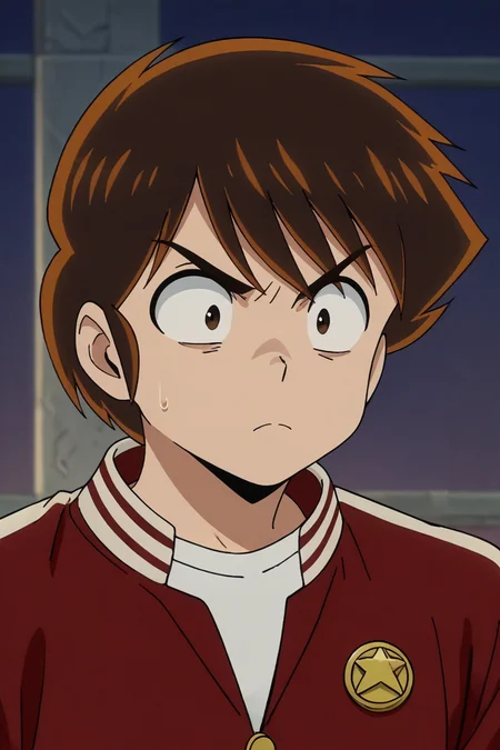 score_9, score_8_up, score_7_up,score_6_up,score_5_up,score_4_up,source_anime,BREAK, rating_safe, intricate details, , anime screencap, anime coloring, official style, depth of field,1boy, solo, male focus,<lora:ataru:0.93> ,ataru moroboshi,brown hair,dark brown eyes,short hair,hair between eyes,short hair, shirt, closed mouth, jewelry, jacket, upper body, star (symbol), sweatdrop, v-shaped eyebrows, frown, letterman jacket,goofy, wide-eyed, humorous, whimsical , , , <lora:sdxl_lightning_8step_lora_315544:1>