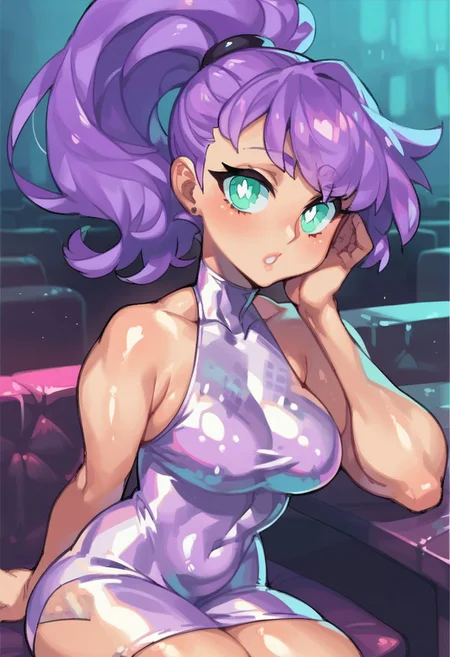 score_9, score_8_up, score_7_up, best quality, highest score, 1girl, looking at viewer, bodycon dress, in nightclub, shiny skin, white pupils, multicolored purple hair, ponytail, zPDXL2, makoto style