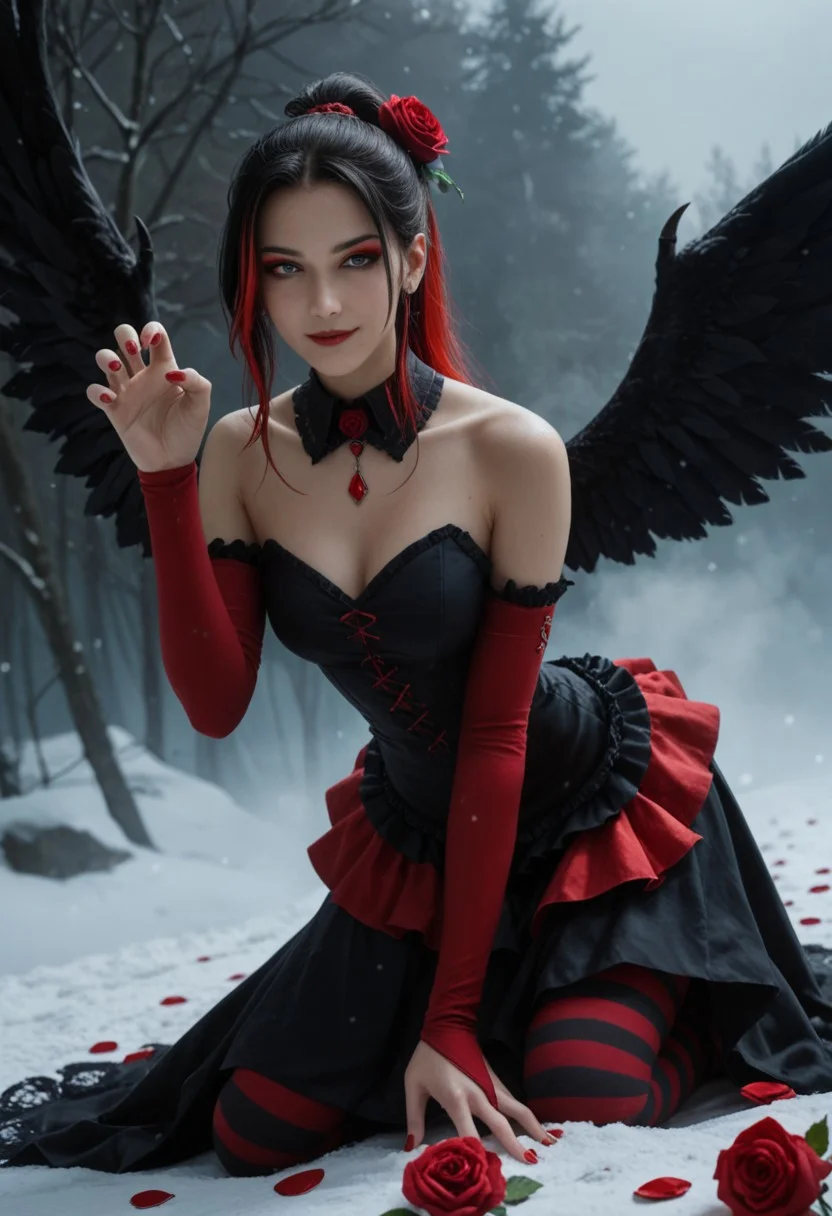 score_9_up, score_8_up, score_7_up, score_6_up, 1girl, 25 years old, perfect face, (adult), sexy,
long hair, multicolored hair, two-tone hair, black hair, red hair, ponytail, sidelocks, hair ornament, hair flower, red rose,
vampire, eyeshadow, detached collar,
black wings, feather wings, striped clothes,
multicolored dress, black dress, red dress, layered dress, frilled dress, frills, bare shoulders, short skirt,
elbow gauntlets, red nails,
(striped thighhighs:1.2), black thighhighs, red thighhighs,
(claw pose:1.3), crawling, all fours, leaning forward, looking at viewer, seductive smile, come hither, part
dynamic pose, dynamic angle,
snow, night, fog, red roses, rose petals,
intricate, highly detailed, majestic, white eyes, (mature:0.3)