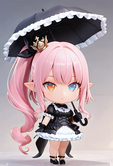 masterpiece, best quality, perfect anatomy, beautifully detailed, super precise illustration, High Details, extremely detailed cg, amazing quality, very aesthetic, absurdres, newest,
1girl, solo, <lora:dolores_ill_v2:0.7>, dolores, pink hair, very long hair, side ponytail, hair bow, black bow, mini crown, pointy ears, orange  blue heterochromia, black frilled dress, black gloves with black ribbon, frill ankleband, black shoes, cross, holding umbrella, <lora:FIG IL:1>,  nendo, chibi, 3d,