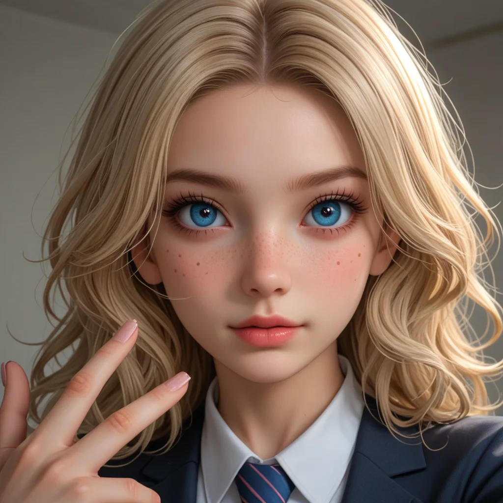 best, masterpiece, Domi with wavy blonde hair and blue eyes, extreme closeup, exotic colorful makeup, model face, model pose, selfie, highly detailed skin texture, freckles, highly detailed photo, professional photograph, dynamic lighting