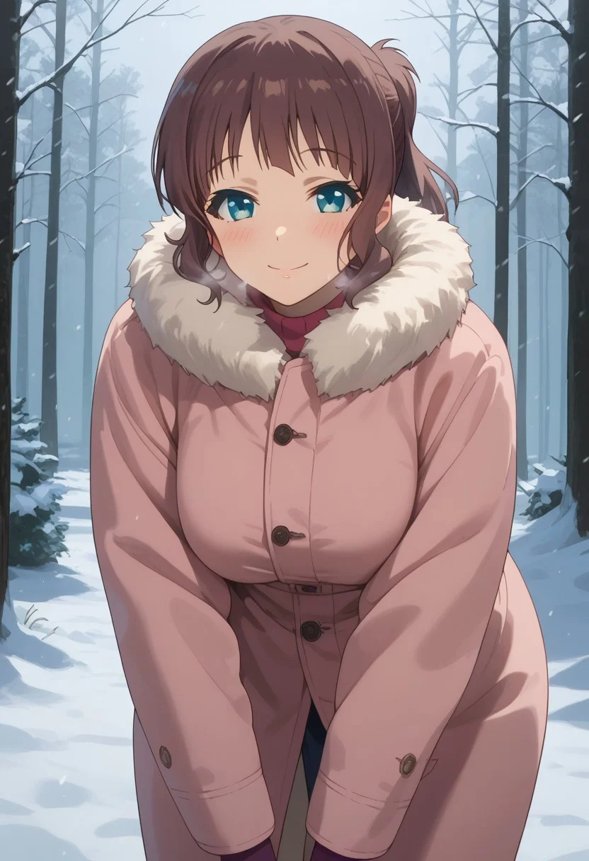 (score_9, score_8_up, score_7_up), 1girl, solo, akari sakishima, short hair, blue eyes, brown hair, ponytail, blushing, seductive smile, steam, steamy, masterpiece, best quality, amazing quality, girl, bent over, fur collar, winter coat, brown coat, long coat, pink coat, snowing, winter, snowstorm, pine forest, closed coat, thick thighs, wide hips, large breasts, full body,