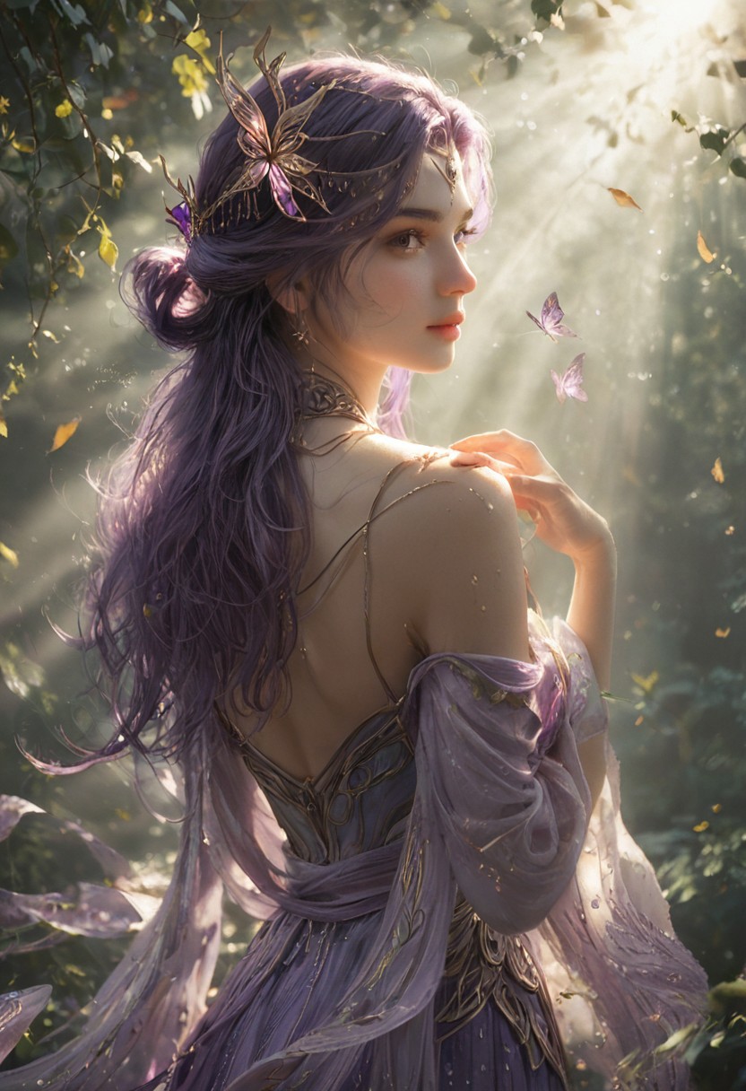 score_9,score_8_up,score_7_up,
<lora:DestinyYunxiPony2e:0.8>,
Artwork,1 girl with long,flowing purple hair cascading down her back,looking back over her shoulder with a captivating gaze,adorned with a delicate hair ornament that sparkles in the light. She wears an ethereal dress that gently drapes over her bare shoulders,blending harmoniously with the serene water surrounding her. The scene is illuminated by soft,golden light rays filtering through the leaves,creating a magical atmosphere. Delicate butterflies flutter nearby,and a graceful bird perches close by,adding to the enchanting ambiance. The upper body portrait captures the essence of tranquility and beauty,inviting the viewer into this dreamlike moment.,