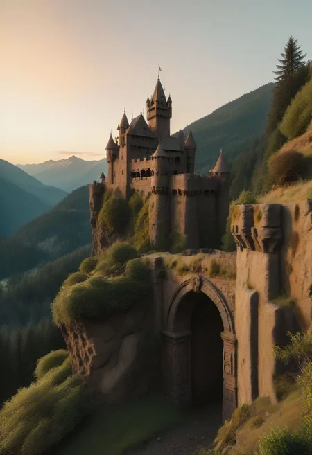 raw photo, a sunset landscape, oregon mountains, forested ravine cliffs, cozy, photorealistic, abandoned Towering Stone gateway entry into dark the side of cliff, dwarven, high fantasy style, high detailed texture, 8k uhd, dslr, soft lighting, high quality, film grain, Fujifilm XT3, Sony A7 IV, highly detailed photography, (muted colors, cinematic, dim colors, soothing tones:1.2), vibrant, insanely detailed, hyperdetailed, (dark shot:1.2), (vsco:0.3), (intricate details:0.9), (hdr, hyperdetailed:1.2) (highest coherency: 1.39) (highest quality: 1.39) (rule-of-thirds) (award-winning) (masterclass) (highest resolution: 1.39) (castle architecture built into cliff) (starfort: 1.1) (protruding from hillside)