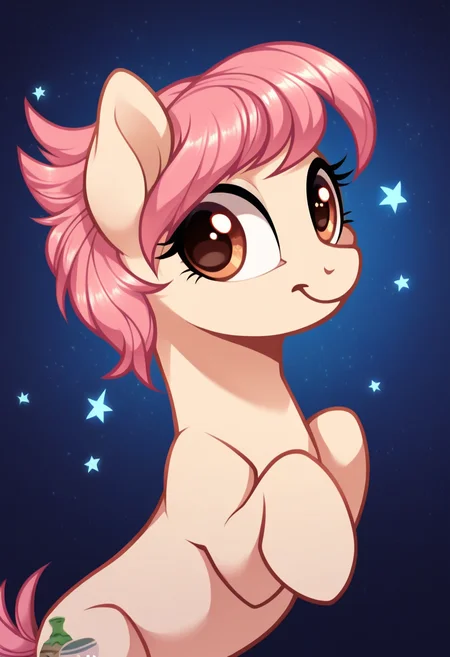 score_9, score_8_up, score_7_up, score_6_up, score_5_up, score_4_up, my little pony, ((feral pony)), 1girl, ((solo)), (sexy),beautifully detailed, (detailed cute pony face), ((detailed blue starry background:1.5)), ((woman)), high angle, (cute smile:1.0), ((up-close)) 1girl, ((solo)), (sexy),<lora:Raspberry_Vinaigrette:1>Raspberry Vinaigrette, pink mane,