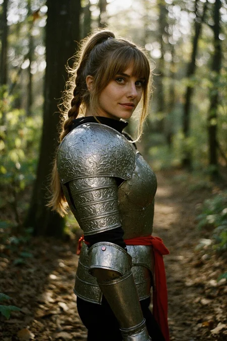8n8log, mature woman standing in forest, 40 years old, looking at the viewer, relaxed expression, wearing knight armor with intricate pattern, red and silver accent, european, long hair with front bangs, side bangs, and a long braided ponytail, black leggings, dynamic angle, film photography aesthetic, film grain effect prominent throughout image,  high contrast lighting creating dramatic shadows, grainy film-like texture,