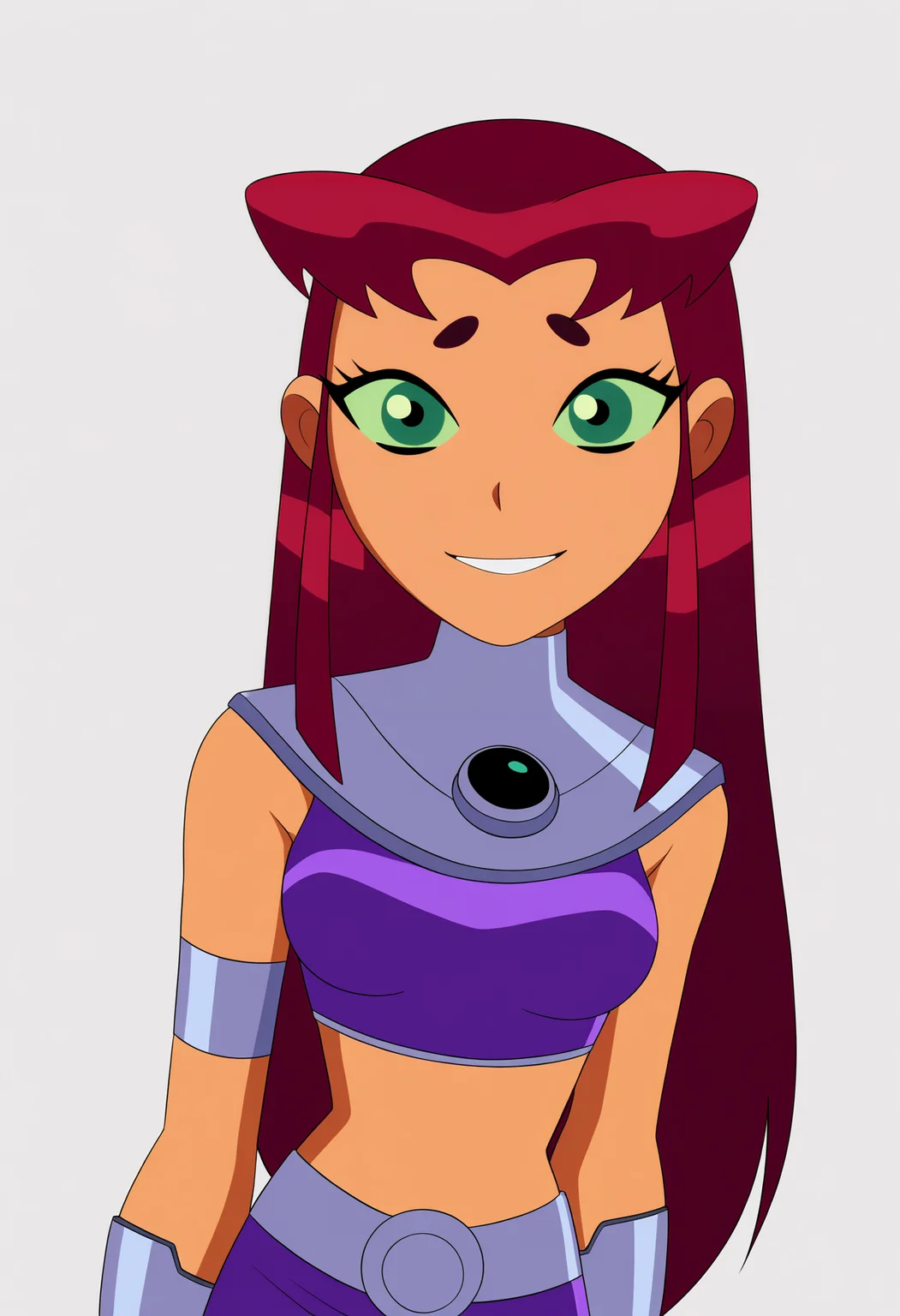 masterpiece, best quality, very aesthetic, absurdres,
1girl, starfire, red hair, long hair, green eyes, orange skin, crop top, midriff, miniskirt,
smile, upper body, looking at viewer, solo, simple background, white background, <lora:StarfireTTNoobXL_byKonan:1>