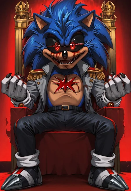 zPDXL3,RE_Engine,score_9_up,score_8_up,score_7_up,detailed,(best quality:1.2),digital media \(artwork\), BREAK, solo,best quality, 1boy, solo male, furry, LordX_EXE, red eyes, gloves, 1boy, animal ears, blue hair, white gloves, blood, spiked hair, furry, blood on face, furry male, body fur, animal nose, blood from eyes, sonic the hedgehog, black sclera, colored sclera, dark features, grey shoes, peach chest:1.5, sharp fingernails, black fingernails, grey open tail coat, knee-length jacket tails, black pants, red epaulettes, red collar and cuffs, red embroidery, massive red buttons, looking at viewer, spiked hair, hedgehog, baroque place, throne, night, dynamic lighting, red background hue, full body