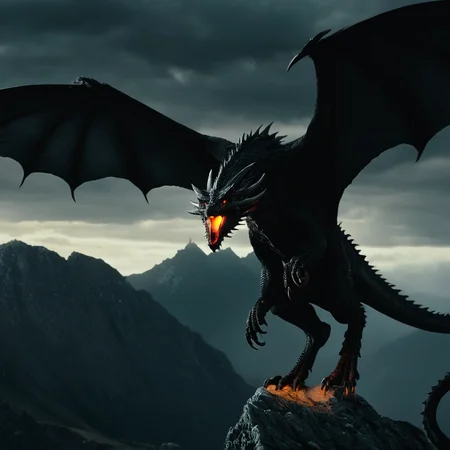 cinematic film still of  <lora:The Lord of the Rings style v2:1>
In a Fantasy Middle-earth world in the dark ages Ancalagon The Black Dragon a black Morgoth dragon flying over a mountain with a bird flying by,red eyes,tail,wings,sky,cloud,no humans,glowing,bird,flying,mountain,dragon,lightning , dramatic light, dramatic shadow light, film contrast, cinematic film color, cinematic film look, filmic, realistic, realism, perfection, perfect, movie still, fantasy drama, epic drama, fictional, Age of Wonders, Age of Empires, warriors,  Medieval style, middle ages, dungeons and dragons style, different people, different, unique, kingdoms and castles, violent, aggressive, detailed, perfection, detailed face, detailed body, detailed hands, detailed eyes, sharp, horror themed, dark themed, epic fantasy adventure film style, Legendary, mythical, The Lord of the Rings style, shallow depth of field, vignette, highly detailed, high budget, bokeh, cinemascope, moody, epic, gorgeous, film grain, grainy