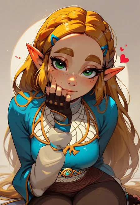 score_9, score_8_up, score_7_up, score_6_up, 1girl, solo, princess Zelda (breath of the wild) ,cute, freckled face,(perfect round ass), slim waist, cute round face, lidded eyes, red cheeks , brown pants, clothes on, hourglass body,looking at viewer, lots of hearts, face focus, seductive eyes, safe for work
