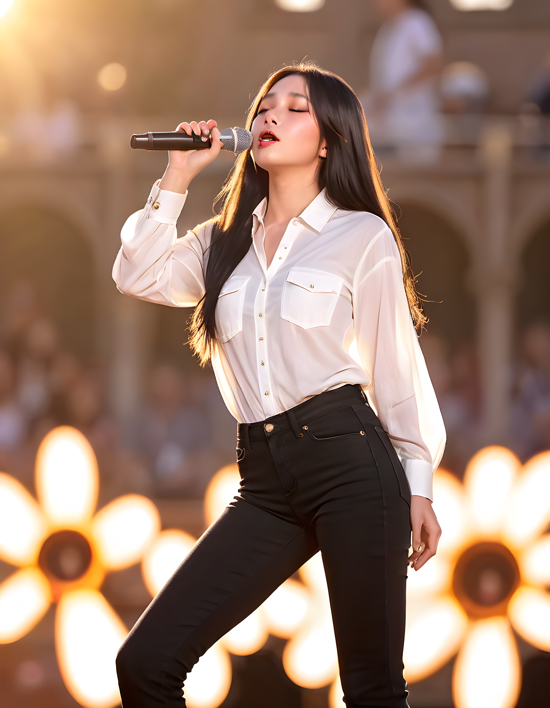 NJZH43R1N, In a vibrant, sun-kissed outdoor amphitheater during the golden hour of twilight, a captivating woman with long, cascading raven hair, adorned in a crisp white shirt and black jeans, stands on the edge of the stage. She is holding a vintage microphone, her closed eyes expressing deep concentration as she gazes intently at the viewer, her luscious lips slightly parted, poised to deliver a soulful melody that promises to stir emotions within those who bear witness to her performance. The backdrop of the setting sun illuminates the audience, casting a warm, golden glow over the crowd as they eagerly await her enchanting voice and melodic tones.