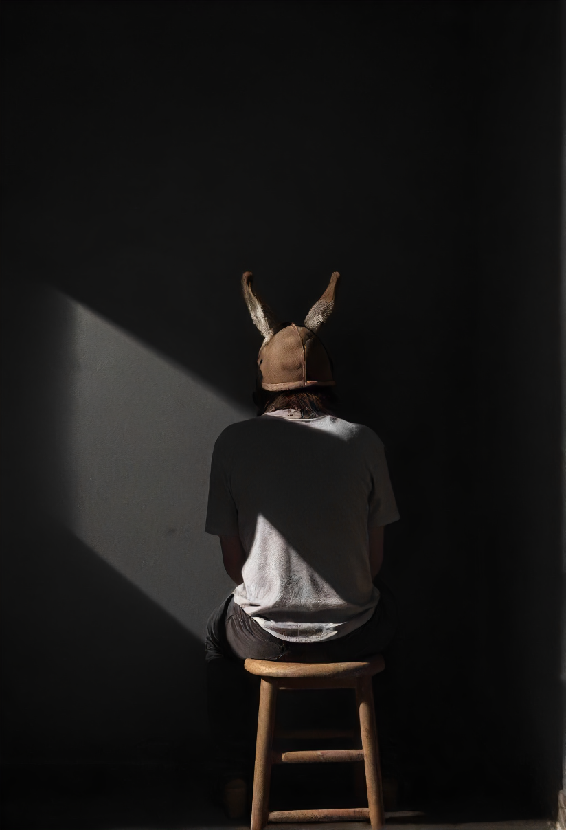 a person its back turned wearing a donkey hat sitting on a stool in a dark corner, sad mood, god rays, shadows,  <lora:- SDXL - vant_blk_contrast_V2.0:0.8>