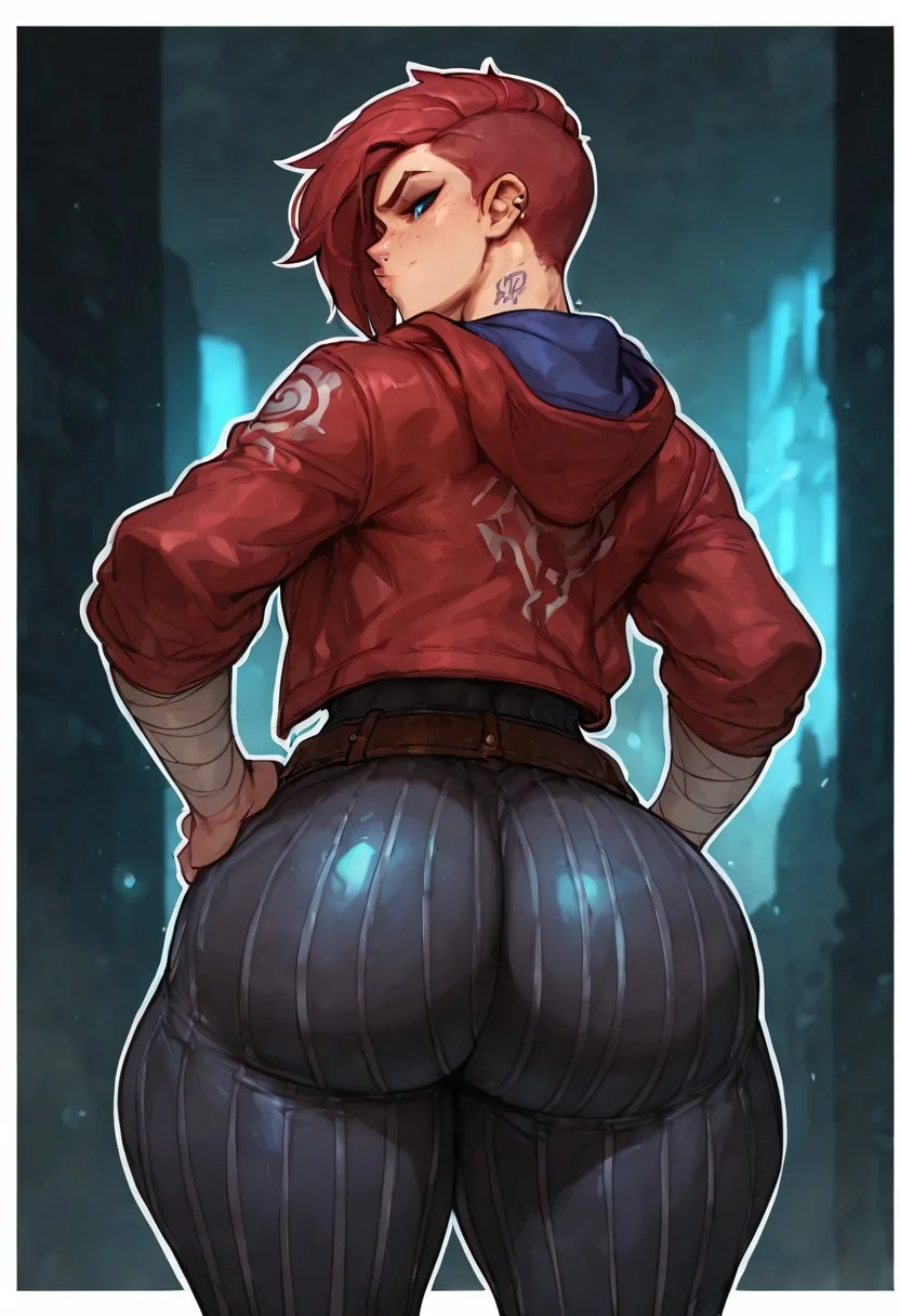 <lora:oatmealdoodC:1> oatmealdood,
(masterpiece), (best quality), (ultra-detailed), amazing quality, very aesthetic, illustration, perfect composition, intricate details, absurdres, incredibly absurdres, shiny skin, realistic,
(1girl), (tomboy) masterpiece, best quality, amazing quality, very aesthetic, absurdres,breasts, short hair, bangs, red hair, blue eyes, tattoo, neck tattoo, piercing, ear piercing, nose freckles, asymmetrical bangs, nose piercing, eyebow cut, vi \(league of legends\), red jacket, open jacket, shirt, hood, striped pants, belt, bandaged arm, brown belt, grey pans,
oatmealdood, , 1girl, ass, solo, , huge ass, breasts, thick thighs, , thighs, looking at viewer, looking back, ,ass focus, , , , from behind, , , , , , , , city street, night, detailed background, city of Zaun, steampunk background (masterpiece), hand on own hip, standing, , outline, wide hips, border,