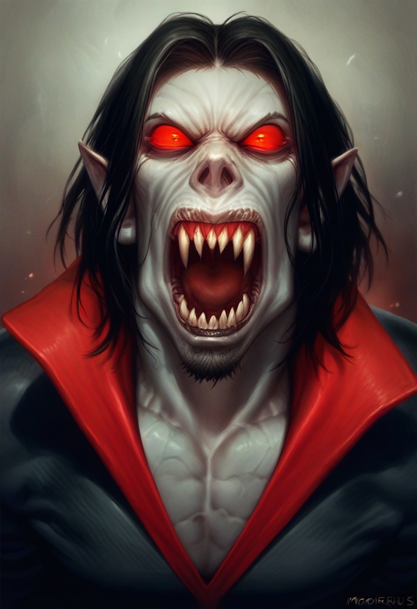 score_9, score_8_up, score_7_up, source_cartoon, solo, 1boy, ma_morbius, vampire, grey skin, red sclera, black hair, goatee, sharp teeth, bodysuit, screaming, portrait,