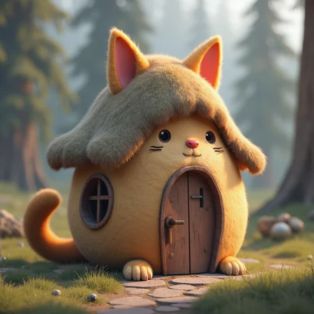 mythp0rt,Midjourney_Whisper, unreal engine image of a cat shaped house with windows for eyes a fur roof, front door for a mouth, paws and a tail