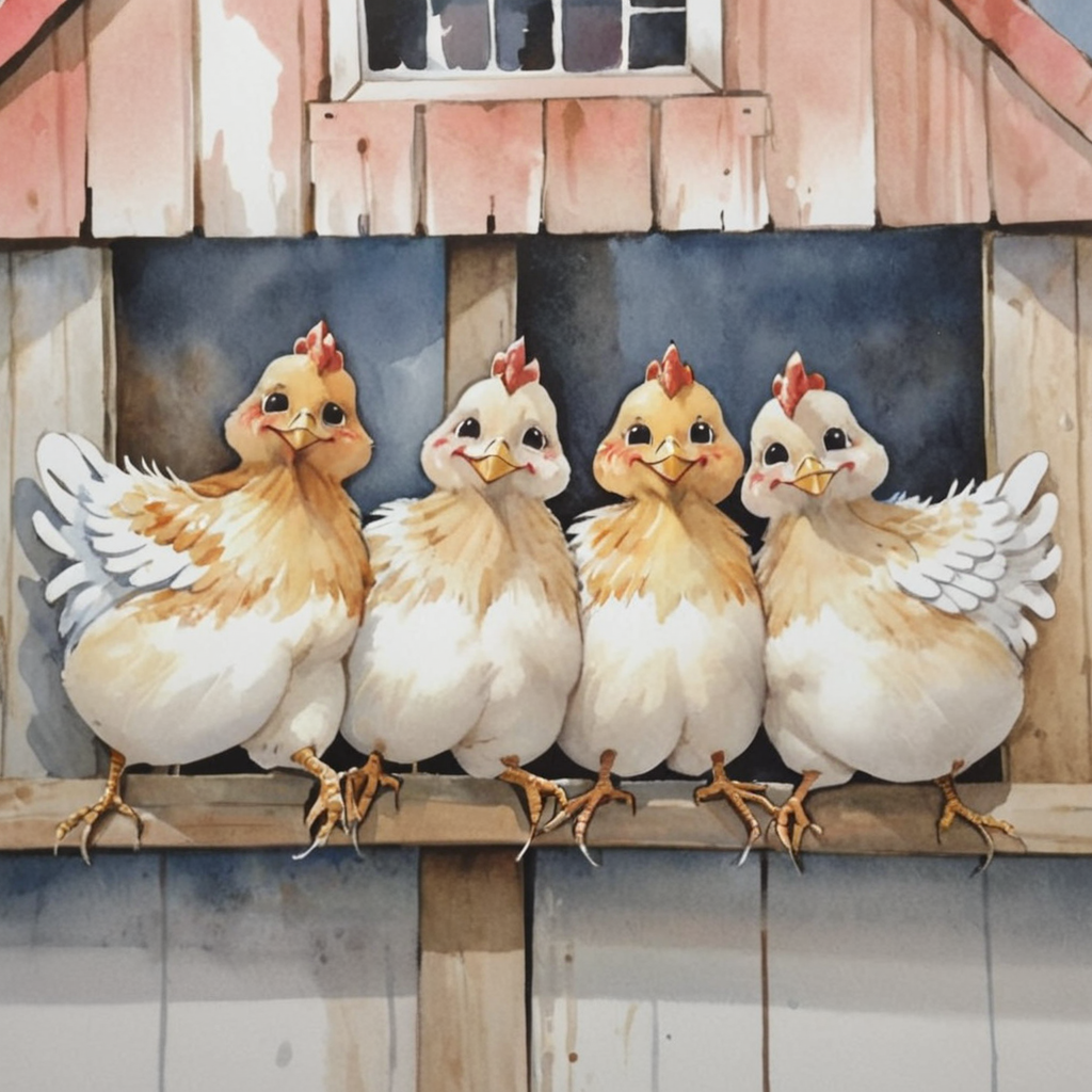cute chickens in a row, smiling, barn, abstract watercolor, csw, black eyes <lora:CSW-Style-2-000017:0.8>