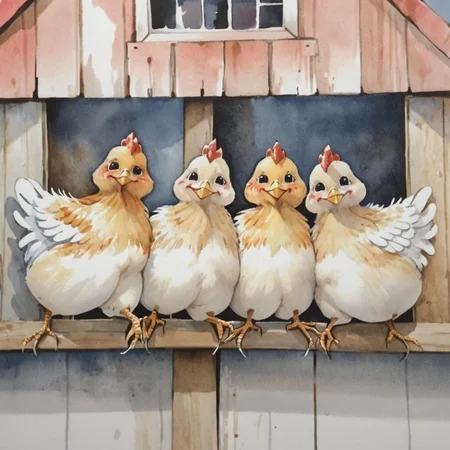 cute chickens in a row, smiling, barn, abstract watercolor, csw, black eyes <lora:CSW-Style-2-000017:0.8>