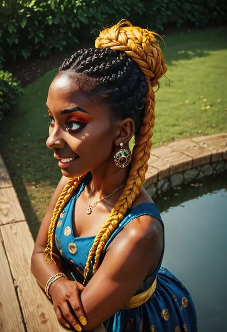 score_9, score_8_up, score_7_up, score_6_up, score_5_up, score_4_up, a highly detailed painting, 1 woman, black woman, dark skin, (multicolor box braids, red2yellow box braids, updo), makeup, fingernails, earrings, jewelry, high angle, beautiful embroidered dress, sunny day at the park, bridge over a pond, small grin<lora:Pony_XL_Colorful_Box_Braids> <lora:Black_Woman_v3-000006> <lora:detailed_notrigger>