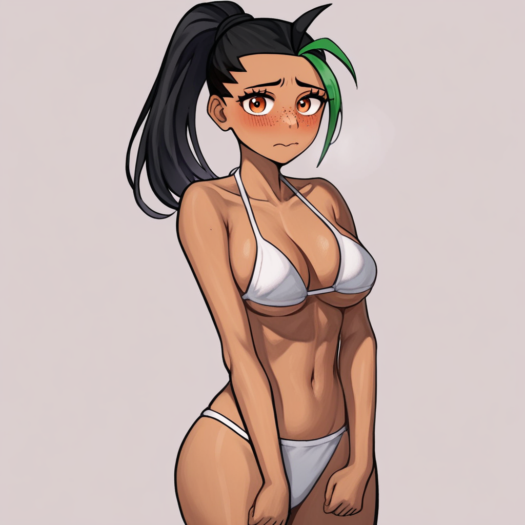 score_9, score_8_up, score_7_up, source_anime, expressive, anime, (4k4bur5tyl3:1.2), Artist speedlines, dynamic, 1girl, (nemona), streaked hair, ponytail, orange eyes, milf, aged up, curvy, fit, dark skin, (white bikini), large breasts, skinny, thick thighs, navel, standing, shy, blush, blushing, embarrassed, sensual, horny, longing, looking at viewer, source_hentai, simple background