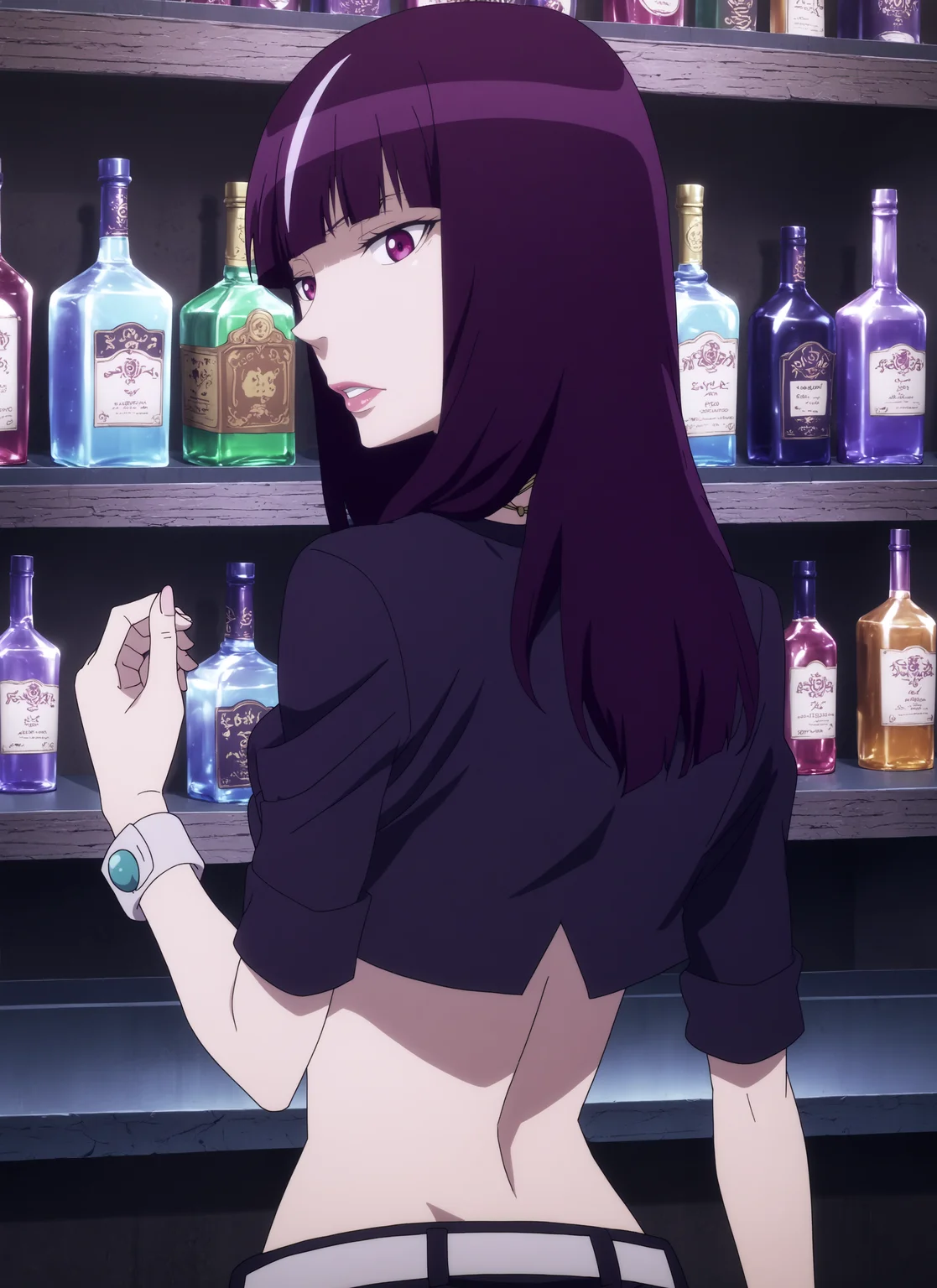 chiyuki,1girl,solo,long hair,blunt bangs,bangs,jewelry, necklace,lipstick,streaked_hair, multicolored_hair, lips,parted_lips, midriff,purple hair,turtleneck, belt, from behind,looking back, BREAK indoors,bar with alcohol,bar,purple light,gothic_architecture, low light <lora:Chiyuki_-_Death_Parade.safetensors:1> <lora:detailed_backgrounds_v2.safetensors:0.6>,