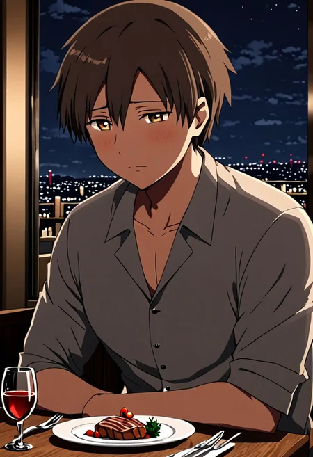 high resolution, solo, best quality, 1Boy, Takaki Toono, Brownish Hair, Brown Eyes, dating, romantic, dinner, OverallDetail