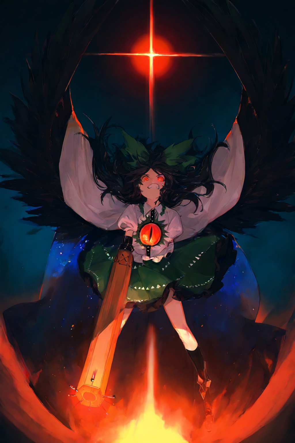 touhou, reiuji_utsuho,1girl,arm_cannon,black_footwear,black_hair,black_socks, black_wings ,bow, cape, clenched_teeth ,control_rod_(touhou), feathered_wings, glowing, glowing_eyes, green_bow ,green_skirt ,hair_bow ,kneehighs, long_hair, looking_at_viewer ,red_eyes ,shirt ,skirt ,socks, solo ,starry_sky_print, sun ,teeth ,third_eye, white_shirt, wings, 
 negative space, , very awa, masterpiece, highres, absurdres, newest, 
<lora:illustrious_noobai_epsilon_pred_11_very_aesthetic_v1:0.7> ,<lora:USNR STYLE_XL_loha:0.7>