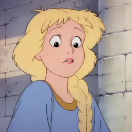 Ugly score_9_up, score_8_up, BREAK, PrincessCalla, retro artstyle, 1girl, solo, blonde hair, long hair, single braid, black eyes, dress, upper body, <lora:PrincessCalla_GummiBears_PXL_Leaf1:1>