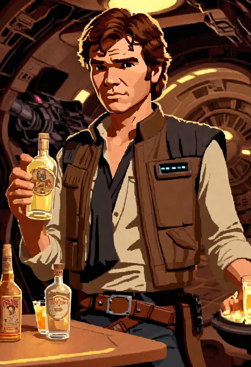 lucasarts style, a drunk Han solo is holding a glowing bottle of tequila in a millennium falcon <lora:lucasarts style:1>