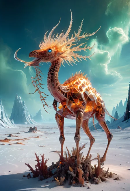 white desert oasis, salty earth, hyper detailed,  rusty, striking, animalistic, bite-sized, by Floris van Schooten  and by richard avedon, famous artwork inspired by (beeple:1.3) and (cliff nielsen:1.4), crystalline, fractal art, fantasy style, this peculiar life form, the "inquisitive plerkblortz" hides in the gnarling dense crystal jungles of the puffalorpled exoplanet "gazorpazorp secundus", covered in a metallic exoskeleton it ambushes its prey with (long crystalline appendages:1.4), dark, shadows, black, shadow hues, highly artistic, highly painterly, harmonic colors, expressive, ultimate aesthetic level, visible brushstrokes, masterclass artistry, vibrant energy, apocalyptic mood, atmospheric haze and dense fog, strong winds,  highly aesthetic, otherworldly, limited palette,  faded colors, washed out colors, extremely dark, extremely low key lighting, dark shadows, perfect composition, full panoramic shot translucent, transparent, glowneon, glowing, sparks, lightning