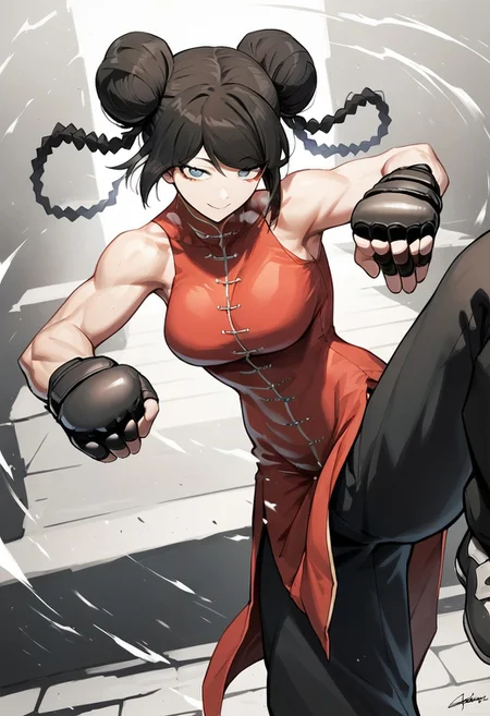 score_9, score_8_up, score_7_up, source_anime, Yuzuha Lee,1girl,solo,breasts,looking at viewer,smile,bangs,large breasts,gloves,dress,bare shoulders,standing,sleeveless,black gloves,pants,fingerless gloves,grey eyes,muscular,alternate hairstyle,sleeveless dress,chinese clothes,black pants,leg up,red dress,standing on one leg,china dress,fighting stance,kicking,