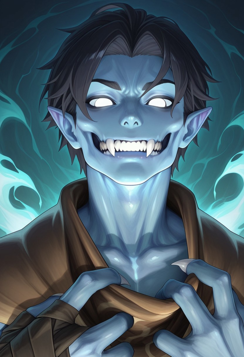 AMAZING QUALITY, MASTERPIECE, 1BOY, PORTRAIT, RAZIEL, POINTY EARS, BLUE SKIN, BLACK HAIR, WHITE EYES, CLOTH PULL, CLAWS, (JAWLESS), FANGS, SPIRIT REALM,