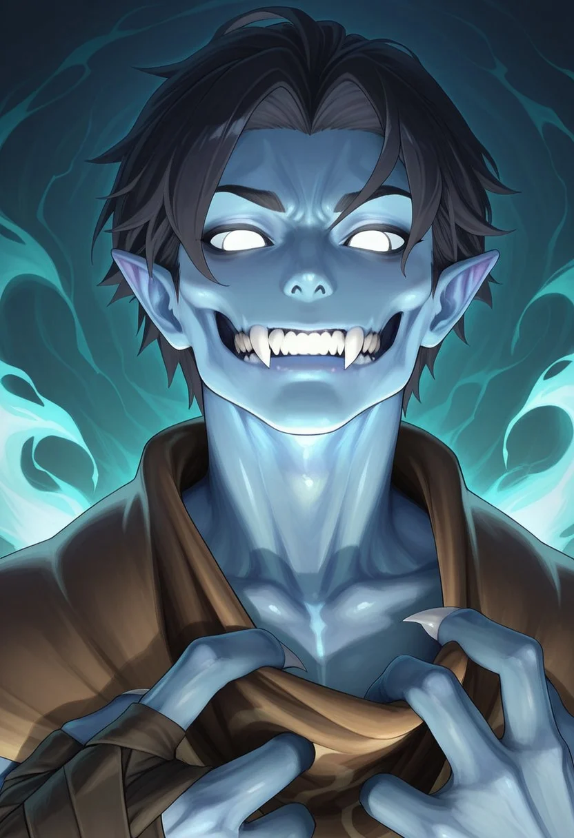 AMAZING QUALITY, MASTERPIECE, 1BOY, PORTRAIT, RAZIEL, POINTY EARS, BLUE SKIN, BLACK HAIR, WHITE EYES, CLOTH PULL, CLAWS, (JAWLESS), FANGS, SPIRIT REALM,