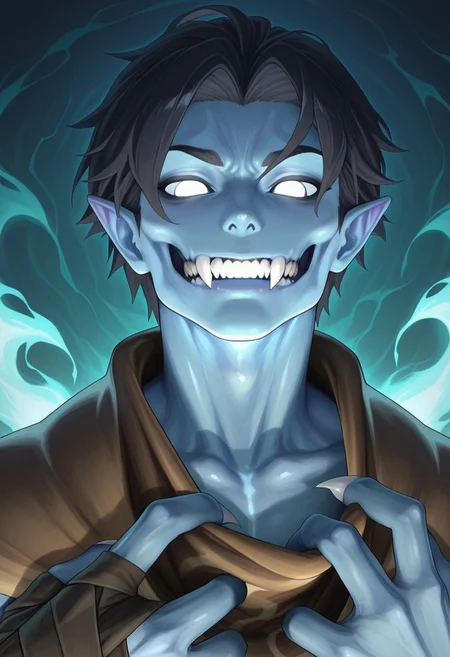 AMAZING QUALITY, MASTERPIECE, 1BOY, PORTRAIT, RAZIEL, POINTY EARS, BLUE SKIN, BLACK HAIR, WHITE EYES, CLOTH PULL, CLAWS, (JAWLESS), FANGS, SPIRIT REALM,
