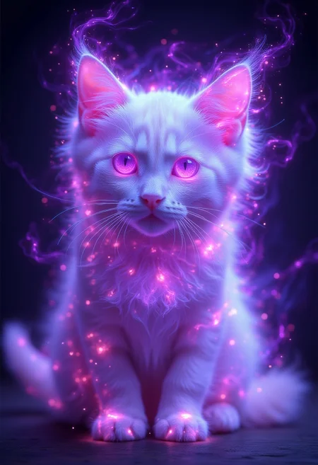 <lora:Aura_Flux-000010:1>,photography of a white kitten with purple aura made of bubbles,, glowing purple eyes