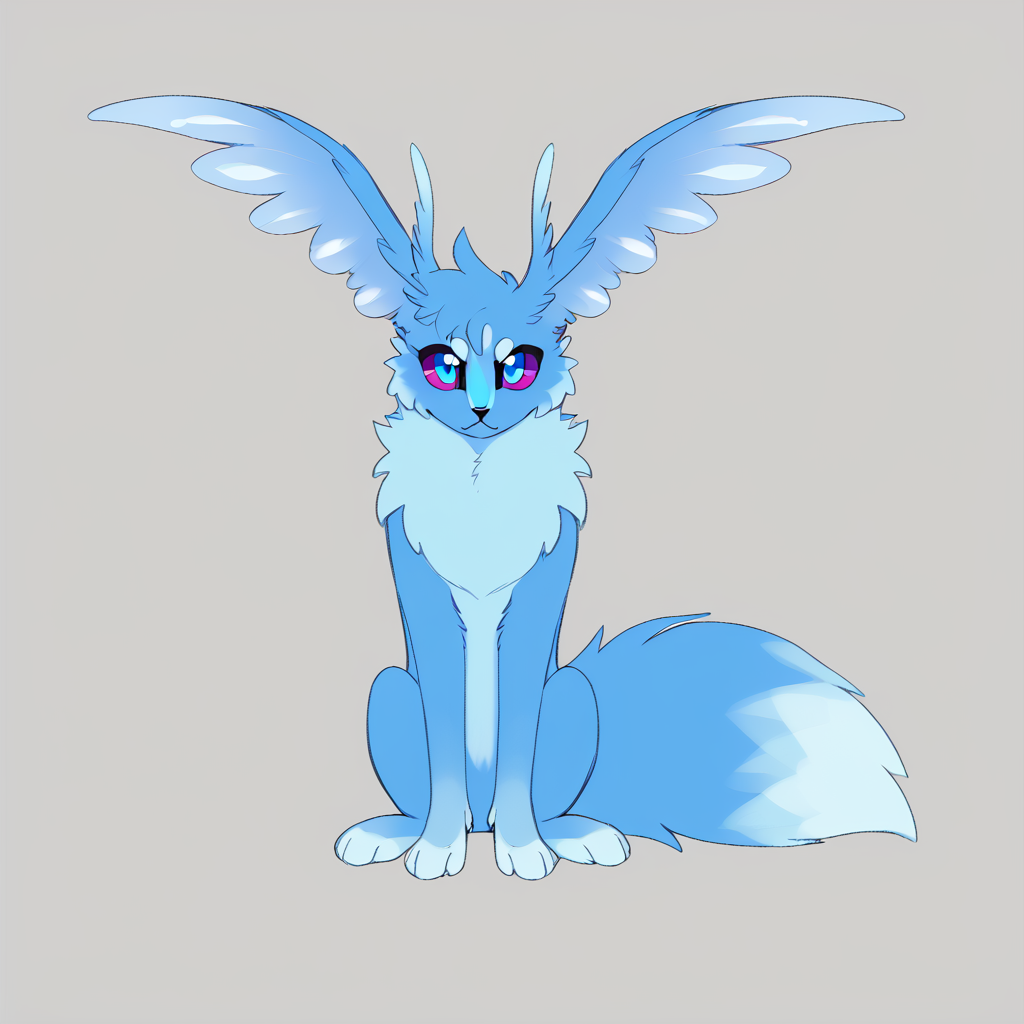 <lora:thehollyraven:1> blue fur, multicolored eyes, head wings, colored sclera, fluffy tail