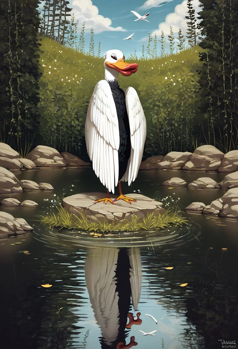 score_9, score_8_up, score_7_up, score_6_up, score_5_up, score_4_up, rating_safe,tpdne,source_cartoon,no humans,duck,bird,thick lips,wings,standing,solo.outdoors,pond,animal focus